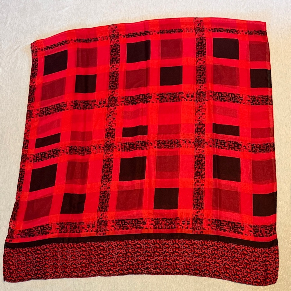 Scarf wrap, red and black, large 74” x 34” silky, Pashmina, lightweight, EUC